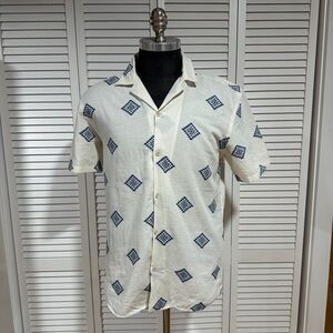 Zara Cream Short-Sleeve Button-Down with Navy Geometric Print